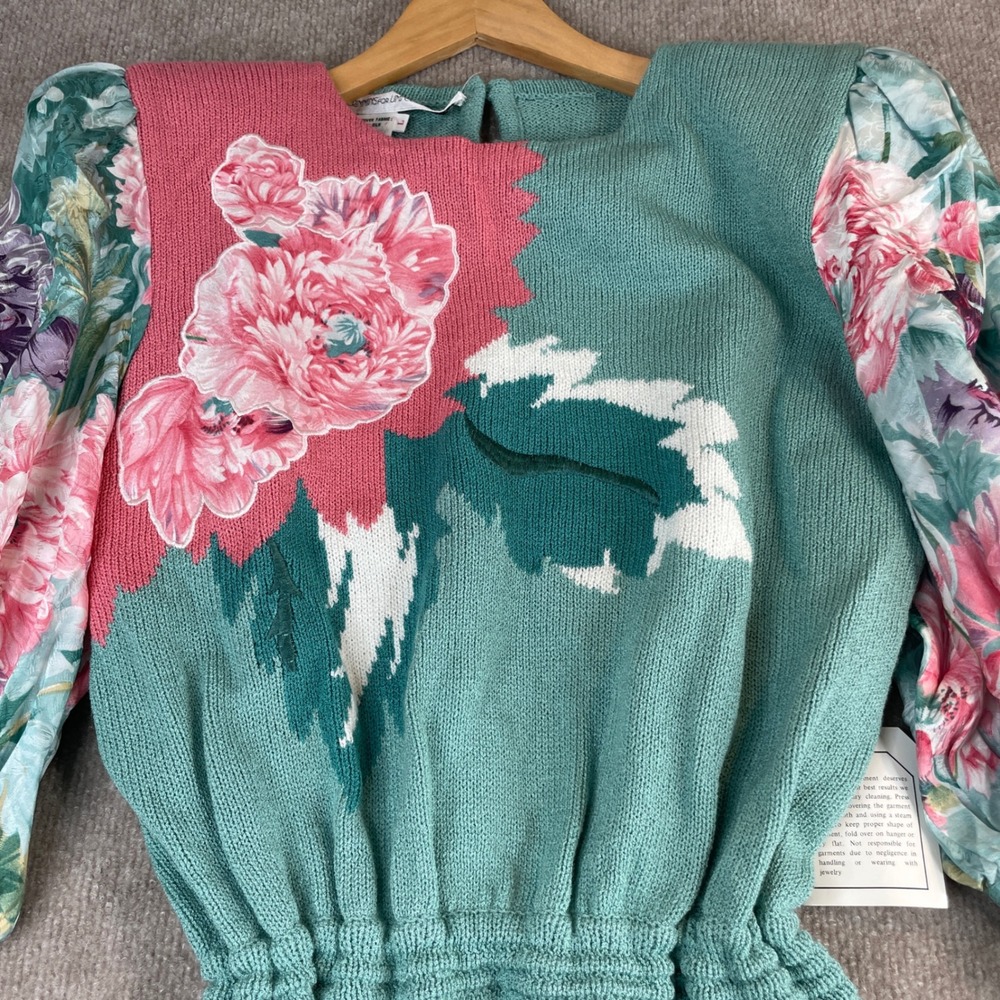 Anne Crimmins Umi Collections Sweater Floral Puff‎ Sleeve Knit Aqua Pink Sz L - Picture 8 of 15